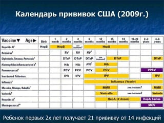 Календарь прививок США (2009г.) Ребенок первых 2х лет получает 21 прививку от 14 инфекций 