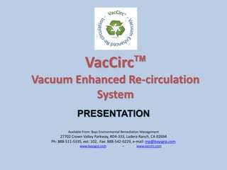 VacCircTM Vacuum Enhanced Re-circulation System PRESENTATION Available From: Bays Environmental Remediation Management 27702 Crown Valley Parkway, #D4-333, Ladera Ranch, CA 92694 Ph: 888-511-5335, ext: 102,  Fax: 888-542-0229, e-mail: mp@baysgrp.com www.baysgrp.com 		– 	www.vaccirc.com 