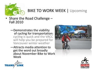 BIKE TO WORK WEEK | UpcomingShare the Road Challenge – Fall 2010Demonstrates the viability of cycling for transportation: cycling is quick and the VACC will help you be prepared for Vancouver winter weatherAttracts media attention to get the word out broadly about November Bike to Work Week