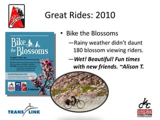 Program staff delivered a presentation on the program at the 2010 National Active Transportation conference in MontrealTravel Smart to SchoolSuggestions for future implementation:A relatively standardized timeline and curriculum would serve to focus the program and allow schools 