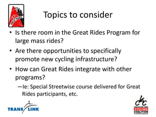 Program should be complemented with something that directly engages school-community stakeholders: safe      route mapping, school travel planning, etc.Travel Smart to SchoolFinal Thoughts: though it may never again have a rallying point like the 2010 Olympic Games, the Travel Smart to School program model has excellent prospects for success in teaching elementary school students about transportation issues and changing school travel behaviour, especially if it were to be combined with a program that engaged other school community stakeholder groups.