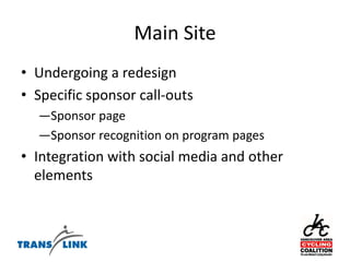 Topics to considerIs there room in the Great Rides Program for large mass rides?Are there opportunities to specifically promote new cycling infrastructure?How can Great Rides integrate with other programs? Ie: Special Streetwise course delivered for Great Rides participants, etc.   