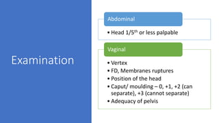 Examination
• Head 1/5th or less palpable
Abdominal
• Vertex
• FD, Membranes ruptures
• Position of the head
• Caput/ moulding – 0, +1, +2 (can
separate), +3 (cannot separate)
• Adequacy of pelvis
Vaginal
 