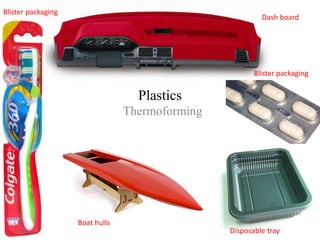 Plastics
Thermoforming
Dash board
Blister packaging
Disposable tray
Boat hulls
Blister packaging
 