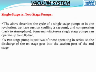 Single-Stage vs. Two-Stage Pumps:
The above describes the cycle of a single-stage pump; so in one

revolution, we have suction (pulling a vacuum), and compression
(back to atmosphere). Some manufacturers single stage pumps can
operate up to -0.89 ksc,
A two-stage pump is just two of these operating in series, so the
discharge of the 1st stage goes into the suction port of the 2nd
stage.

 