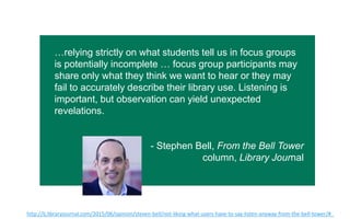 …relying strictly on what students tell us in focus groups
is potentially incomplete … focus group participants may
share only what they think we want to hear or they may
fail to accurately describe their library use. Listening is
important, but observation can yield unexpected
revelations.
- Stephen Bell, From the Bell Tower
column, Library Journal
h"p://lj.libraryjournal.com/2015/06/opinion/steven-­‐bell/not-­‐liking-­‐what-­‐users-­‐have-­‐to-­‐say-­‐listen-­‐anyway-­‐from-­‐the-­‐bell-­‐tower/#_  
 