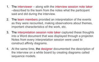 1.  The interviewer – along with the interview session note taker –
described to the team from the notes what the participant
said and did during the interview.
2.  The team members provided an interpretation of the events
as they were recounted, making observations about themes,
important characteristics of the work, etc.
3.  The interpretation session note taker captured these thoughts
into a Word document that was displayed through a
projector. Notes from every interpretation session were used
to construct affinity diagrams.
4.  At the same time, the designer documented the description
of the interview on a white board by creating diagrams called
sequence models.
 