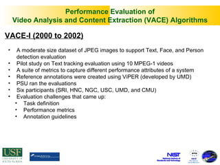 VACE-I (2000 to 2002) ,[object Object],[object Object],[object Object],[object Object],[object Object],[object Object],[object Object],[object Object],[object Object],[object Object],Performance Evaluation of Video Analysis and Content Extraction (VACE) Algorithms VACE V ideo  A nalysis C ontent  E xtraction 