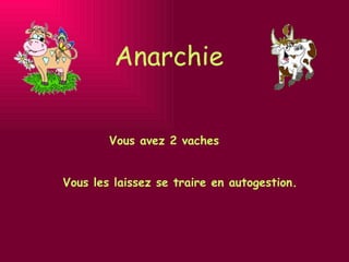 Anarchie Vous avez 2 vaches Vous les laissez se traire en autogestion. 