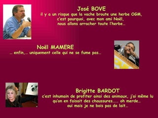 Brigitte BARDOT c’est inhumain de profiter ainsi des animaux, j’ai même lu qu’on en faisait des chaussures….. oh merde…  oui mais je ne bois pas de lait… Noël MAMERE …  enfin,… uniquement celle qui ne se fume pas… José BOVE il y a un risque que la vache broute une herbe OGM, c’est pourquoi, avec mon ami Noël,  nous allons arracher toute l’herbe… 
