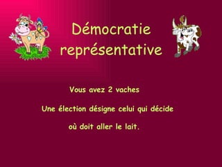 Démocratie représentative Vous avez 2 vaches Une élection désigne celui qui décide  où doit aller le lait. 