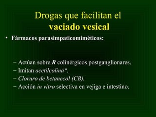 Drogas que facilitan el
vaciado vesical
• Fármacos parasimpaticomiméticos:

–
–
–
–

Actúan sobre R colinérgicos postganglionares.
Imitan acetilcolina*.
Cloruro de betanecol (CB).
Acción in vitro selectiva en vejiga e intestino.

 