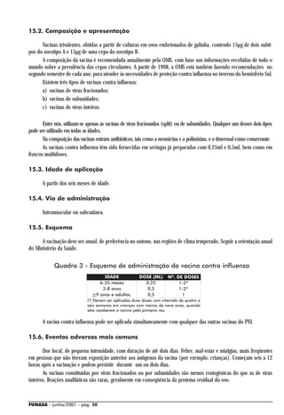 15.2. Composição e apresentação

      Vacinas trivalentes, obtidas a partir de culturas em ovos embrionados de galinha, contendo 15µg de dois subti-
pos do sorotipo A e 15µg de uma cepa do sorotipo B.
      A composição da vacina é recomendada anualmente pela OMS, com base nas informações recebidas de todo o
mundo sobre a prevalência das cepas circulantes. A partir de 1998, a OMS está também fazendo recomendações no
segundo semestre de cada ano, para atender às necessidades de proteção contra influenza no inverno do hemisfério Sul.
      Existem três tipos de vacinas contra influenza:
      a) vacinas de vírus fracionados;
      b) vacinas de subunidades;
      c) vacinas de vírus inteiros.

       Entre nós, utilizam-se apenas as vacinas de vírus fracionados (split) ou de subunidades. Qualquer um desses dois tipos
pode ser utilizado em todas as idades.
       Na composição das vacinas entram antibióticos, tais como a neomicina e a polimixina, e o timerosal como conservante.
       As vacinas contra influenza têm sido fornecidas em seringas já preparadas com 0,25ml e 0,5ml, bem como em
frascos multidoses.

15.3. Idade de aplicação

       A partir dos seis meses de idade.

15.4. Via de administração

       Intramuscular ou subcutânea.

15.5. Esquema

      A vacinação deve ser anual, de preferência no outono, nas regiões de clima temperado. Seguir a orientação anual
do Ministério da Saúde.

             Quadro 3 - Esquema de administração da vacina contra influenza
                                     IDADE               DOSE (ML)      Nº. DE DOSES
                                   6-35 meses              0,25              1-2*
                                    3-8 anos                0,5              1-2*
                                >9 anos e adultos.          0,5               1
                              (*) Devem ser aplicadas duas doses com intervalo de quatro a
                              seis semanas em crianças com menos de nove anos, quando
                              elas receberem a vacina pela primeira vez.


       A vacina contra influenza pode ser aplicada simultaneamente com qualquer das outras vacinas do PNI.

15.6. Eventos adversos mais comuns

       Dor local, de pequena intensidade, com duração de até dois dias. Febre, mal-estar e mialgias, mais freqüentes
em pessoas que não tiveram exposição anterior aos antígenos da vacina (por exemplo, crianças). Começam seis a 12
horas após a vacinação e podem persistir durante um ou dois dias.
       As vacinas constituídas por vírus fracionados ou por subunidades são menos reatogênicas do que as de vírus
inteiros. Reações anafiláticas são raras, geralmente em conseqüência da proteína residual do ovo.



FUNASA - junho/2001 - pág. 50
 