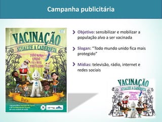 coberturas vacinais
Campanha publicitária
Objetivo: sensibilizar e mobilizar a
população alvo a ser vacinada
Slogan: “Todo mundo unido fica mais
protegido”
Mídias: televisão, rádio, internet e
redes sociais
 