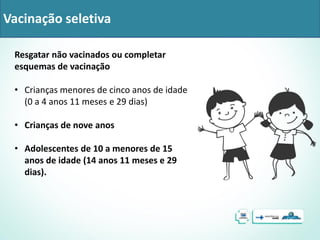 Vacinação seletiva
Resgatar não vacinados ou completar
esquemas de vacinação
• Crianças menores de cinco anos de idade
(0 a 4 anos 11 meses e 29 dias)
• Crianças de nove anos
• Adolescentes de 10 a menores de 15
anos de idade (14 anos 11 meses e 29
dias).
 