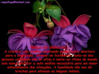 PERDA DO ORGULHO   A criatura com orgulho acentuado possui muita abertura para a depressão. Ofende-se facilmente, isola-se das pessoas com quem não se afina e sente-se vítima do mundo sem nunca praticar a auto análise necessária para um maior entendimento das situações. A humildade não nos dá brechas para ofensas ou mágoas inúteis.      [email_address] 