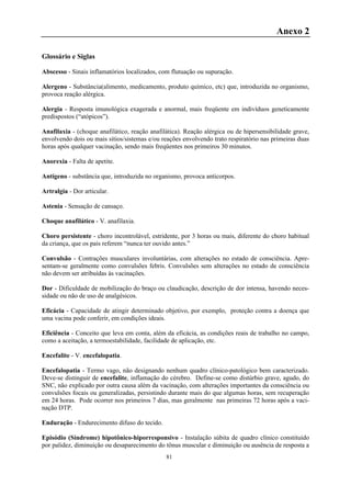 81
Anexo 2
Glossário e Siglas
Abscesso - Sinais inflamatórios localizados, com flutuação ou supuração.
Alergeno - Substância(alimento, medicamento, produto químico, etc) que, introduzida no organismo,
provoca reação alérgica.
Alergia - Resposta imunológica exagerada e anormal, mais freqüente em indivíduos geneticamente
predispostos (“atópicos”).
Anafilaxia - (choque anafilático, reação anafilática). Reação alérgica ou de hipersensibilidade grave,
envolvendo dois ou mais sítios/sistemas e/ou reações envolvendo trato respiratório nas primeiras duas
horas após qualquer vacinação, sendo mais freqüentes nos primeiros 30 minutos.
Anorexia - Falta de apetite.
Antígeno - substância que, introduzida no organismo, provoca anticorpos.
Artralgia - Dor articular.
Astenia - Sensação de cansaço.
Choque anafilático - V. anafilaxia.
Choro persistente - choro incontrolável, estridente, por 3 horas ou mais, diferente do choro habitual
da criança, que os pais referem “nunca ter ouvido antes.”
Convulsão - Contrações musculares involuntárias, com alterações no estado de consciência. Apre-
sentam-se geralmente como convulsões febris. Convulsões sem alterações no estado de consciência
não devem ser atribuídas às vacinações.
Dor - Dificuldade de mobilização do braço ou claudicação, descrição de dor intensa, havendo neces-
sidade ou não de uso de analgésicos.
Eficácia - Capacidade de atingir determinado objetivo, por exemplo, proteção contra a doença que
uma vacina pode conferir, em condições ideais.
Eficiência - Conceito que leva em conta, além da eficácia, as condições reais de trabalho no campo,
como a aceitação, a termoestabilidade, facilidade de aplicação, etc.
Encefalite - V. encefalopatia.
Encefalopatia - Termo vago, não designando nenhum quadro clínico-patológico bem caracterizado.
Deve-se distinguir de encefalite, inflamação do cérebro. Define-se como distúrbio grave, agudo, do
SNC, não explicado por outra causa além da vacinação, com alterações importantes da consciência ou
convulsões focais ou generalizadas, persistindo durante mais do que algumas horas, sem recuperação
em 24 horas. Pode ocorrer nos primeiros 7 dias, mas geralmente nas primeiras 72 horas após a vaci-
nação DTP.
Enduração - Endurecimento difuso do tecido.
Episódio (Síndrome) hipotônico-hiporresponsivo - Instalação súbita de quadro clínico constituído
por palidez, diminuição ou desaparecimento do tônus muscular e diminuição ou ausência de resposta a
 