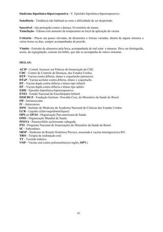 83
Síndrome hipotônico-hiporresponsiva - V. Episódio hipotônico-hiporresponsivo.
Sonolência - Tendência não habitual ao sono e dificuldade de ser despertado.
Suscetível - não protegido contra a doença. O contrário de imune.
Tumefação - Edema com aumento de temperatura no local de aplicação da vacina.
Urticária - Placas um pouco elevadas, de dimensões e formas variadas, duram de alguns minutos a
várias horas ou dias, sempre acompanhadas de prurido.
Vômito - Emissão de alimentos pela boca, acompanhada de mal estar e náuseas. Deve ser distinguida,
assim, da regurgitação, comum em bebês, que não se acompanha de outros sintomas.
SIGLAS:
ACIP - Comitê Assessor em Práticas de Imunização do CDC.
CDC - Centro de Controle de Doenças, dos Estados Unidos.
DTP - Vacina contra difteria, tétano e coqueluche (pertussis).
DTaP - Vacina acelular contra difteria, tétano e coqueluche.
DT - Vacina dupla contra difteria e tétano tipo infantil.
DT - Vacina dupla contra difteria e tétano tipo adulto.
EHH - Episódio hipotônico-hiporresponsivo.
ENEI - Estudo Nacional de Encefalopatia Infantil
FIOCRUZ - Fundação Instituto Oswaldo Cruz, do Ministério da Saúde do Brasil.
IM - Intramuscular.
IV - Intravenoso.
IOM - Instituto de Medicina da Academia Nacional de Ciências dos Estados Unidos.
LCR - Líquido céfalo-raquidiano(líquor).
OPS ou OPAS - Organização Pan-americana de Saúde.
OMS - Organização Mundial de Saúde.
PEESA - Panencefalite esclerosante subaguda.
PNI - Programa Nacional de Imunizações do Ministério da Saúde do Brasil.
SC - Subcutâneo.
SRSP - Síndrome de Reação Sistêmica Precoce, associada à vacina meningocócica B/C.
TRO - Terapia de reidratação oral.
TT - Toxóide tetânico.
VOP - Vacina oral contra poliomielite(em inglês, OPV).
 