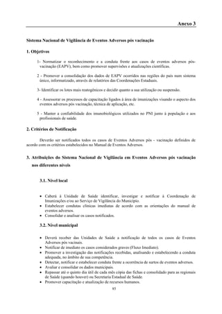 85
Anexo 3
Sistema Nacional de Vigilância de Eventos Adversos pós vacinação
1. Objetivos
1- Normatizar o reconhecimento e a conduta frente aos casos de eventos adversos pós-
vacinação (EAPV), bem como promover supervisões e atualizações científicas.
2 - Promover a consolidação dos dados de EAPV ocorridos nas regiões do país num sistema
único, informatizado, através de relatórios das Coordenações Estaduais.
3- Identificar os lotes mais reatogênicos e decidir quanto a sua utilização ou suspensão.
4 - Assessorar os processos de capacitação ligados à área de imunizações visando o aspecto dos
eventos adversos pós vacinação, técnica de aplicação, etc.
5 - Manter a confiabilidade dos imunobiológicos utilizados no PNI junto à população e aos
profissionais de saúde.
2. Critérios de Notificação
Deverão ser notificados todos os casos de Eventos Adversos pós - vacinação definidos de
acordo com os critérios estabelecidos no Manual de Eventos Adversos.
3. Atribuições do Sistema Nacional de Vigilância em Eventos Adversos pós vacinação
nos diferentes níveis
3.1. Nível local
 Caberá à Unidade de Saúde identificar, investigar e notificar à Coordenação de
Imunizações e/ou ao Serviço de Vigilância do Município.
 Estabelecer condutas clínicas imediatas de acordo com as orientações do manual de
eventos adversos.
 Consolidar e analisar os casos notificados.
3.2. Nível municipal
 Deverá receber das Unidades de Saúde a notificação de todos os casos de Eventos
Adversos pós vacinais.
 Notificar de imediato os casos considerados graves (Fluxo Imediato).
 Promover a investigação das notificações recebidas, analisando e estabelecendo a conduta
adequada, no âmbito de sua competência.
 Detectar, notificar e estabelecer conduta frente a ocorrência de surtos de eventos adversos.
 Avaliar e consolidar os dados municipais.
 Repassar até o quinto dia útil de cada mês cópia das fichas e consolidado para as regionais
de Saúde (quando houver) ou Secretaria Estadual de Saúde.
 Promover capacitação e atualização de recursos humanos.
 