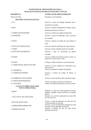 90
INSTRUÇÕES DE PREENCHIMENTO PARA A
FICHA DE INVESTIGAÇÃO DOS EVENTOS PÓS VACINAIS
REFERÊNCIA INSTRUÇÃO DE PREENCHIMENTO
Número da ficha Preencher a nível Estadual
IDENTIFICAÇÃO DO PACIENTE:
1- U.F
2- REG
3- CÓDIGO DO MUNICÍPIO
4- MUNICÍPIO
5- ZONA
6- DATA DE NOTIFICAÇÃO
7- NOME
8- DATA DE NASCIMENTO
9- IDADE
10- SEXO
11- NOME DO PAI, MÃE OU OUTRO
12- ENDEREÇO
13- CÓDIGO DE BAIRRO
14- BAIRRO OU LOCALIDADE
15- PONTO DE REFERÊNCIA
16- TELEFONE
VACINAS E SOROS APLICADOS
NOS ÚLTIMOS 30 DIAS:
- DOSES
- VIA E LOCAL DE APLICAÇÃO
- DATA DE APLICAÇÃO
- LABORATÓRIO PRODUTOR
- NÚMERO DE LOTE
Escrever o nome da Unidade Federada onde o
paciente foi vacinado.
Escrever o número da Regional de Saúde a qual o
Município pertence( se houver ).
Escrever o número do código do Município.
Escrever o nome do Município onde o paciente
foi vacinado.
Colocar o número do código da zona urbana ou
rural.
Escrever a data de notificação do evento adverso.
Escrever o nome completo da pessoa vacinada.
Escrever a data de nascimento da pessoa
vacinada.
Escrever a idade do paciente em anos e meses e se
menor de 1 ano em meses e dias.
Coloque o código referente ao sexo do paciente.
Escrever o nome completo do responsável: pai,
mãe ou outro.
Escrever o endereço completo do paciente.
Escrever o número do código de Bairro, se
houver.
Escrever o nome do bairro onde o paciente reside.
Anotar com clareza um ponto de referência.
Anotar um telefone do paciente ou de um contato.
Registrar se a dose de vacina aplicada foi única,
primeira, segunda, terceira, primeiro ou segundo
reforço.
Escrever via e local de aplicação da vacina (IM,
SC, ID, VO, EV).
Escrever a data de aplicação de cada uma das
vacinas aplicadas no paciente.
Escrever o nome do laboratório produtor de cada
uma das vacinas aplicadas no paciente.
Escrever o número do lote de cada vacina
aplicada no paciente.
 