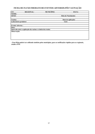 97
FICHA DE FLUXO IMEDIATO DE EVENTOS ADVERSOS-PÓS VACINAÇÃO
UF: REGIONAL: MUNICÍPIO: DATA:
NOME:
SEXO: Data de Nascimento:
Vacina: Data de aplicação:
Laboratório produtor: Lote:
Evento Adverso :
Dose:
Intervalo entre a aplicação da vacina e o início do evento:
Observação:
- Essa ficha poderá ser utilizada também pelos municípios, para as notificações rápidas para as regionais,
estado e PNI.
 
