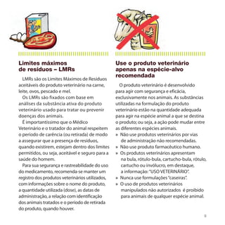 Limites máximos                                  Use o produto veterinário
de resíduos – LMRs                               apenas na espécie-alvo
                                                 recomendada
  LMRs são os Limites Máximos de Resíduos
aceitáveis do produto veterinário na carne,        O produto veterinário é desenvolvido
leite, ovos, pescado e mel.                      para agir com segurança e eficácia,
  Os LMRs são fixados com base em                exclusivamente nos animais. As substâncias
análises da substância ativa do produto          utilizadas na formulação do produto
veterinário usado para tratar ou prevenir        veterinário estão na quantidade adequada
doenças dos animais.                             para agir na espécie animal a que se destina
  É importantíssimo que o Médico                 o produto; ou seja, a ação pode mudar entre
Veterinário e o tratador do animal respeitem     as diferentes espécies animais.
o período de carência (ou retirada) de modo      » Não use produtos veterinários por vias
a assegurar que a presença de resíduos,             de administração não recomendadas.
quando existirem, estejam dentro dos limites     » Não use produto farmacêutico humano.
permitidos, ou seja, aceitável e seguro para a   » Os produtos veterinários apresentam
saúde do homem.                                     na bula, rótulo-bula, cartucho-bula, rótulo,
  Para sua segurança e rastreabilidade do uso       cartucho ou invólucro, em destaque,
do medicamento, recomenda-se manter um              a informação: “USO VETERINÁRIO”.
registro dos produtos veterinários utilizados,   » Nunca use formulações “caseiras”.
com informações sobre o nome do produto,         » O uso de produtos veterinários
a quantidade utilizada (dose), as datas de          manipulados não autorizados é proibido
administração, a relação com identificação          para animais de qualquer espécie animal.
dos animais tratados e o período de retirada
do produto, quando houver.
                                                                                              9
 