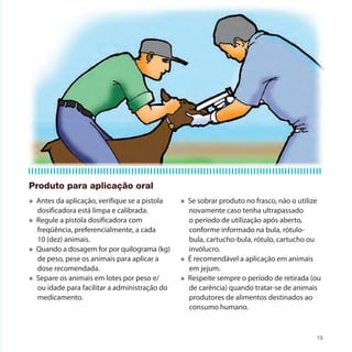 Produto para aplicação oral
» Antes da aplicação, verifique se a pistola   » Se sobrar produto no frasco, não o utilize
  dosificadora está limpa e calibrada.           novamente caso tenha ultrapassado
» Regule a pistola dosificadora com              o período de utilização após aberto,
  freqüência, preferencialmente, a cada          conforme informado na bula, rótulo-
  10 (dez) animais.                              bula, cartucho-bula, rótulo, cartucho ou
» Quando a dosagem for por quilograma (kg)       invólucro.
  de peso, pese os animais para aplicar a      » É recomendável a aplicação em animais
  dose recomendada.                              em jejum.
» Separe os animais em lotes por peso e/       » Respeite sempre o período de retirada (ou
  ou idade para facilitar a administração do     de carência) quando tratar-se de animais
  medicamento.                                   produtores de alimentos destinados ao
                                                 consumo humano.


                                                                                         19
 