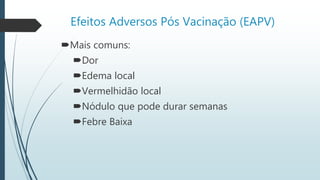 Efeitos Adversos Pós Vacinação (EAPV)
Mais comuns:
Dor
Edema local
Vermelhidão local
Nódulo que pode durar semanas
Febre Baixa
 