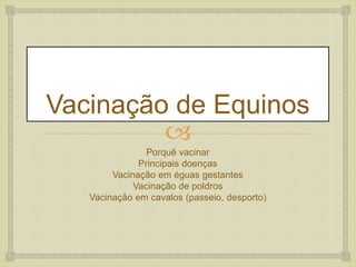 
Vacinação de Equinos
Porquê vacinar
Principais doenças
Vacinação em éguas gestantes
Vacinação de poldros
Vacinação em cavalos (passeio, desporto)
 