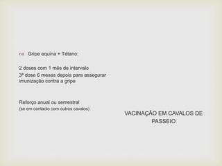  Gripe equina + Tétano:
2 doses com 1 mês de intervalo
3ª dose 6 meses depois para assegurar
imunização contra a gripe
Reforço anual ou semestral
(se em contacto com outros cavalos)
VACINAÇÃO EM CAVALOS DE
PASSEIO
 