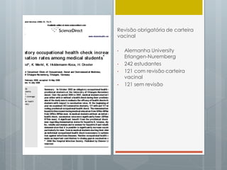 Revisão obrigatória de carteira
vacinal
• Alemanha University
Erlangen-Nuremberg
• 242 estudantes
• 121 com revisão carteira
vacinal
• 121 sem revisão
 