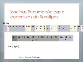 Vacinas Pneumocócicas e
coberturas de Sorotipos
1 2 3 4 5 6B 7F 8 9N 9V 10
A
11
A
1
2
F
1
4
15
B
17
F
18
C
19
A
19
F
2
0
22
F
23
F
33
F
4 6B 9V 14 18
C
19
F
23F 1 5 7F 6A 19
A
3
PVS 23
PCV 13 (90%)
N=257 Berezin PIDJ 2007
 