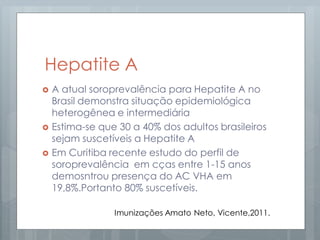 Hepatite A
 A atual soroprevalência para Hepatite A no
Brasil demonstra situação epidemiológica
heterogênea e intermediária
 Estima-se que 30 a 40% dos adultos brasileiros
sejam suscetíveis a Hepatite A
 Em Curitiba recente estudo do perfil de
soroprevalência em cças entre 1-15 anos
demosntrou presença do AC VHA em
19,8%.Portanto 80% suscetíveis.
Imunizações Amato Neto, Vicente,2011.
 