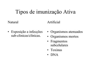 Tipos de imunização Ativa Natural Exposição a infecções sub-clinicas/clínicas. Artificial Organismos atenuados Organismos mortos Fragmentos subcelulares Toxinas DNA  