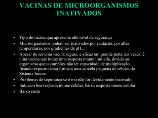 VACINAS DE MICROORGANISMOS INATIVADOS Tipo de vacina que apresenta alto nível de segurança Microorganismos podem ser inativados por radiação, por altas temperaturas, por gradientes de pH... Apesar de ser uma vacina segura, e eficaz em grande parte das vezes, é uma vacina que induz uma resposta imune limitada, devido ao organismo que o compões não ter capacidade de multiplicação, ficando exposto dessa forma a uma parcela pequena de células do Sistema Imune. Problemas de segurança se o mo não for devidamente inativado Induzem boa resposta imune celular, baixa resposta imune celular Baixo custo 
