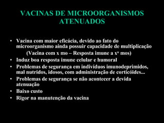 VACINAS DE MICROORGANISMOS ATENUADOS Vacina com maior eficácia, devido ao fato do microorganismo ainda possuir capacidade de multiplicação (Vacina com x mo – Resposta imune a x n  mos) Induz boa resposta imune celular e humoral Problemas de segurança em indivíduos imunodeprimidos, mal nutridos, idosos, com administração de corticóides... Problemas de segurança se não acontecer a devida atenuação Baixo custo Rigor na manutenção da vacina 