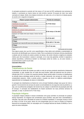 A vacinação acontecerá no período de 8 de março a 21 de maio de 2010, perfazendo nove semanas de
trabalho, e acontecerá ao mesmo tempo em todo território nacional. Os grupos de maior risco serão
vacinados em etapas. Serão cinco etapas envolvendo, em cada uma, um ou mais de um desses grupos,
de acordo com o seguinte cronograma:
Etapas e grupos selecionados

Período de realização

1ª Etapa
Trabalhador de saúde (1)

8 a 19 de março

População indígena aldeada
2ª Etapa
Gestante em qualquer idade gestacional
Doentes crônicos

22 de março a 2 de abril

Crianças com idade entre seis meses a menor de dois
anos
3ª Etapa
População de 20 a 29 anos
4ª Etapa
População com mais de 60 anos com doenças crônicas
5ª Etapa
População de 30 a 39 anos

5 a 23 de abril
24 de abril a 7 de maio
10 a 21 de maio

Fonte:
CGPNI/DEVEP/SVS/MS
Para alguns grupos alvo que têm como especificidade a faixa etária será solicitada a apresentação de
documento de identificação que comprove a idade. Para os portadores de doenças crônicas preexistentes
a adesão será de iniciativa do próprio portador da doença, não sendo indicada a exigência de atestado
médico para não burocratizar o acesso à vacinação. Já no caso das gestantes, também é esperada a
adesão espontânea, confiando-se também na informação verbal da mulher, ou, de outra maneira, o
encaminhamento a partir do pré-natal.
Calendário Resumido
Entenda Melhor

Trabalhadores da Saúde
Trabalhadores da Saúde são aqueles que estão na rede de serviços prestando atendimento diretamente
à população, ou seja, aqueles que, em razão das suas funções, estão sob potencial risco de contrair a
infecção pelo H1N1 no contato com possíveis doentes. Nesse sentido estão aí incluídos os trabalhadores
da atenção básica (estratégia saúde da família e modelo tradicional), dos serviços de média e de alta
complexidade (pequeno, médio e grande portes) e aqueles que atuam na vigilância epidemiológica,
especialmente na investigação de casos e no laboratório.
A vacinação dos trabalhadores da Saúde tem como principal finalidade proteger esse grupo de modo a
garantir o funcionamento dos serviços de saúde na eventualidade de uma segunda onda da pandemia, ou
seja, com os profissionais protegidos não haverá risco de colapso no atendimento da população pela rede
de serviços. A vacinação dos trabalhadores da Saúde acontecerá nas duas primeiras semanas da
operação, ou seja, no período de 8 a 19 de março.

População Indígena
A população indígena aldeada é sempre considerada como grupo prioritário na prevenção de qualquer
doença respiratória. Os indígenas são considerados grupo prioritário, seja pela maior vulnerabilidade a
infecções, seja pela maior dificuldade de acesso às unidades hospitalares. A vacinação iniciará no dia 8
de março e irá até 19 de março, dentro de uma programação que já é rotina no âmbito do Programa
Nacional de Imunizações (PNI), em articulação com a Fundação Nacional de Saúde (FUNASA) e com o
apoio de outras instituições.

 