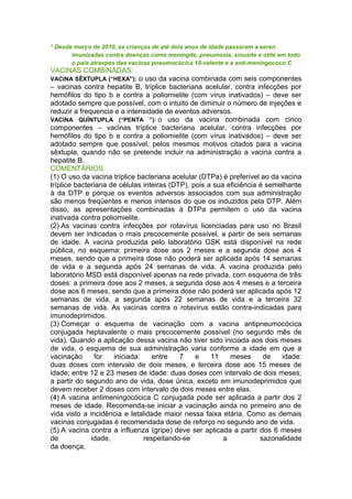 * Desde março de 2010, as crianças de até dois anos de idade passaram a seren
imunizadas contra doenças como meningite, pneumonia, sinusite e otite em todo
o país atravpes das vacinas pneumocócica 10-valente e a anti-meningococo C

VACINAS COMBINADAS:
o uso da vacina combinada com seis componentes
– vacinas contra hepatite B, tríplice bacteriana acelular, contra infecções por
hemófilos do tipo b e contra a poliomielite (com vírus inativados) – deve ser
adotado sempre que possível, com o intuito de diminuir o número de injeções e
reduzir a frequencia e a intensidade de eventos adversos.
VACINA QUÍNTUPLA (“PENTA ”): o uso da vacina combinada com cinco
componentes – vacinas tríplice bacteriana acelular, contra infecções por
hemófilos do tipo b e contra a poliomielite (com vírus inativados) – deve ser
adotado sempre que possível, pelos mesmos motivos citados para a vacina
sêxtupla, quando não se pretende incluir na administração a vacina contra a
hepatite B.
COMENTÁRIOS
(1) O uso da vacina tríplice bacteriana acelular (DTPa) é preferível ao da vacina
tríplice bacteriana de células inteiras (DTP), pois a sua eficiência é semelhante
à da DTP e porque os eventos adversos associados com sua administração
são menos freqüentes e menos intensos do que os induzidos pela DTP. Além
disso, as apresentações combinadas à DTPa permitem o uso da vacina
inativada contra poliomielite.
(2) As vacinas contra infecções por rotavírus licenciadas para uso no Brasil
devem ser indicadas o mais precocemente possível, a partir de seis semanas
de idade. A vacina produzida pelo laboratório GSK está disponível na rede
pública, no esquema: primeira dose aos 2 meses e a segunda dose aos 4
meses, sendo que a primeira dose não poderá ser aplicada após 14 semanas
de vida e a segunda após 24 semanas de vida. A vacina produzida pelo
laboratório MSD está disponível apenas na rede privada, com esquema de três
doses: a primeira dose aos 2 meses, a segunda dose aos 4 meses e a terceira
dose aos 6 meses, sendo que a primeira dose não poderá ser aplicada após 12
semanas de vida, a segunda após 22 semanas de vida e a terceira 32
semanas de vida. As vacinas contra o rotavírus estão contra-indicadas para
imunodeprimidos.
(3) Começar o esquema de vacinação com a vacina antipneumocócica
conjugada heptavalente o mais precocemente possível (no segundo mês de
vida). Quando a aplicação dessa vacina não tiver sido iniciada aos dois meses
de vida, o esquema de sua administração varia conforme a idade em que a
vacinação
for
iniciada:
entre
7
e
11
meses
de
idade:
duas doses com intervalo de dois meses, e terceira dose aos 15 meses de
idade; entre 12 e 23 meses de idade: duas doses com intervalo de dois meses;
a partir do segundo ano de vida, dose única, exceto em imunodeprimidos que
devem receber 2 doses com intervalo de dois meses entre elas.
(4) A vacina antimeningocócica C conjugada pode ser aplicada a partir dos 2
meses de idade. Recomenda-se iniciar a vacinação ainda no primeiro ano de
vida visto a incidência e letalidade maior nessa faixa etária. Como as demais
vacinas conjugadas é recomendada dose de reforço no segundo ano de vida.
(5) A vacina contra a influenza (gripe) deve ser aplicada a partir dos 6 meses
de
idade,
respeitando-se
a
sazonalidade
da doença.
VACINA SÊXTUPLA (“HEXA”):

 