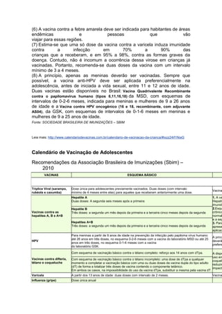 (6) A vacina contra a febre amarela deve ser indicada para habitantes de áreas
endêmicas
e
pessoas
que
vão
viajar para essas regiões.
(7) Estima-se que uma só dose da vacina contra a varicela induza imunidade
contra
a
infecção
em
70%
a
90%
das
crianças que a receberam, e em 95% a 98%, contra as formas graves da
doença. Contudo, não é incomum a ocorrência dessa virose em crianças já
vacinadas. Portanto, recomenda-se duas doses da vacina com um intervalo
mínimo de 3 a 4 meses.
(8) A princípio, apenas as meninas deverão ser vacinadas. Sempre que
possível, a vacina anti-HPV deve ser aplicada preferencialmente na
adolescência, antes de iniciada a vida sexual, entre 11 e 12 anos de idade.
Duas vacinas estão disponíveis no Brasil: Vacina Quadrivalente Recombinante
contra o papilomavírus humano (tipos 6,11,16,18) da MSD, com esquemas de
intervalos de 0-2-6 meses, indicada para meninas e mulheres de 9 a 26 anos
de idade e a Vacina contra HPV oncogênico (16 e 18, recombinante, com adjuvante
AS04), da GSK, com esquemas de intervalos de 0-1-6 meses em meninas e
mulheres de 9 a 25 anos de idade.
Fonte: SOCIEDADE BRASILEIRA DE IMUNIZAÇÕES – SBIM

Leia mais: http://www.calendariodevacinas.com.br/calendario-de-vacinacao-da-crianca/#ixzz24if1NiaG

Calendário de Vacinação de Adolescentes
Recomendações da Associação Brasileira de Imunizações (Sbim) –
2010
VACINAS

Tríplice Viral (sarampo,
rubéola e caxumba)

ESQUEMA BÁSICO

Dose única para adolescentes previamente vacinados. Duas doses (com intervalo
mínimo de 4 meses entre elas) para aqueles que receberam anteriormente uma dose.
Hepatite A
Duas doses: A segunda seis meses após a primeira

Vacinas contra as
hepatites A, B e A+B

Hepatite B
Três doses: a segunda um mês depois da primeira e a terceira cinco meses depois da segunda
Hepatites A+B
Três doses: a segunda um mês depois da primeira e a terceira cinco meses depois da segunda

HPV

Para meninas a partir de 9 anos de idade na prevenção da infecção pelo papiloma vírus humano:
até 26 anos em três doses, no esquema 0-2-6 meses com a vacina do laboratório MSD ou até 25
anos em três doses, no esquema 0-1-6 meses com a vacina
do laboratório GSK.
Com esquema de vacinação básico contra o tétano completo: reforço aos 14 anos com dTpa.

Vacinas contra difteria,
tétano e coqueluche

Com esquema de vacinação básico contra o tétano incompleto: uma dose de dTpa a qualquer
momento e completar a vacinação básica com uma ou duas doses da vacina dupla do tipo adulto
(dT) de forma a totalizar três doses de vacina contendo o componente tetânico.
Em ambos os casos, na impossibilidade do uso da vacina dTpa, substituir a mesma pela vacina dT.

Varicela

A partir dos 13 anos de idade: duas doses com intervalo de 2 meses.

Influenza (gripe)

Dose única anual

Vacina

1. A va
Hepatit
imunida
2.Esqu
crônico
normal
e a seg
3. Para
aprese
aplicad

A princ
deverã
prefere

A dispo
uso em
coquelu
reduzir
impacto

Vacina

 