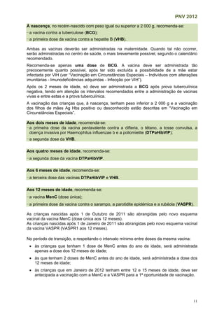 PNV 2012
11
À nascença, no recém-nascido com peso igual ou superior a 2 000 g, recomenda-se:
-a vacina contra a tuberculose (BCG);
-a primeira dose da vacina contra a hepatite B (VHB).
Ambas as vacinas deverão ser administradas na maternidade. Quando tal não ocorrer,
serão administradas no centro de saúde, o mais brevemente possível, segundo o calendário
recomendado.
Recomenda-se apenas uma dose de BCG. A vacina deve ser administrada tão
precocemente quanto possível, após ter sido excluída a possibilidade de a mãe estar
infectada por VIH (ver “Vacinação em Circunstâncias Especiais – Indivíduos com alterações
imunitárias - Imunodeficiências adquiridas - Infecção por VIH”).
Após os 2 meses de idade, só deve ser administrada a BCG após prova tuberculínica
negativa, tendo em atenção os intervalos recomendados entre a administração de vacinas
vivas e entre estas e a prova tuberculínica.
A vacinação das crianças que, à nascença, tenham peso inferior a 2 000 g e a vacinação
dos filhos de mães Ag Hbs positivo ou desconhecido estão descritas em “Vacinação em
Circunstâncias Especiais”.
Aos dois meses de idade, recomenda-se:
-a primeira dose da vacina pentavalente contra a difteria, o tétano, a tosse convulsa, a
doença invasiva por Haemophilus influenzae b e a poliomielite (DTPaHibVIP);
-a segunda dose da VHB.
Aos quatro meses de idade, recomenda-se:
-a segunda dose da vacina DTPaHibVIP.
Aos 6 meses de idade, recomenda-se:
-a terceira dose das vacinas DTPaHibVIP e VHB.
Aos 12 meses de idade, recomenda-se:
-a vacina MenC (dose única);
-a primeira dose da vacina contra o sarampo, a parotidite epidémica e a rubéola (VASPR).
As crianças nascidas após 1 de Outubro de 2011 são abrangidas pelo novo esquema
vacinal da vacina MenC (dose única aos 12 meses).
As crianças nascidas após 1 de Janeiro de 2011 são abrangidas pelo novo esquema vacinal
da vacina VASPR (VASPR1 aos 12 meses).
No período de transição, e respeitando o intervalo mínimo entre doses da mesma vacina:
 às crianças que tenham 1 dose de MenC antes do ano de idade, será administrada
apenas a dose dos 12 meses de idade;
 às que tenham 2 doses de MenC antes do ano de idade, será administrada a dose dos
12 meses de idade;
 às crianças que em Janeiro de 2012 tenham entre 12 e 15 meses de idade, deve ser
antecipada a vacinação com a MenC e a VASPR para a 1ª oportunidade de vacinação.
 