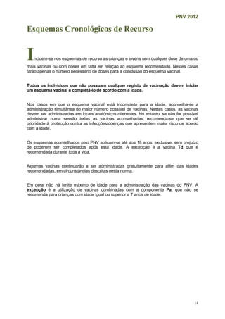 PNV 2012
14
Esquemas Cronológicos de Recurso
Incluem-se nos esquemas de recurso as crianças e jovens sem qualquer dose de uma ou
mais vacinas ou com doses em falta em relação ao esquema recomendado. Nestes casos
farão apenas o número necessário de doses para a conclusão do esquema vacinal.
Todos os indivíduos que não possuam qualquer registo de vacinação devem iniciar
um esquema vacinal e completá-lo de acordo com a idade.
Nos casos em que o esquema vacinal está incompleto para a idade, aconselha-se a
administração simultânea do maior número possível de vacinas. Nestes casos, as vacinas
devem ser administradas em locais anatómicos diferentes. No entanto, se não for possível
administrar numa sessão todas as vacinas aconselhadas, recomenda-se que se dê
prioridade à protecção contra as infecções/doenças que apresentem maior risco de acordo
com a idade.
Os esquemas aconselhados pelo PNV aplicam-se até aos 18 anos, exclusive, sem prejuízo
de poderem ser completados após esta idade. A excepção é a vacina Td que é
recomendada durante toda a vida.
Algumas vacinas continuarão a ser administradas gratuitamente para além das idades
recomendadas, em circunstâncias descritas nesta norma.
Em geral não há limite máximo de idade para a administração das vacinas do PNV. A
excepção é a utilização de vacinas combinadas com a componente Pa, que não se
recomenda para crianças com idade igual ou superior a 7 anos de idade.
 