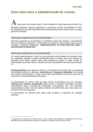 PNV 2012
18
Intervalos entre a administração de vacinas
Amaior parte das vacinas requer a administração de várias doses para conferir uma
protecção adequada, devendo respeitar-se os esquemas vacinais aconselhados no PNV.
Em situações em que seja necessário alterar estes esquemas dever-se-ão cumprir as regras
gerais da vacinação.
Intervalos superiores ao recomendado
Intervalos superiores ao recomendado no calendário vacinal não reduzem a concentração
final de anticorpos protectores. A interrupção do esquema vacinal apenas requer que se
complete o esquema estabelecido, independentemente do tempo decorrido desde a
administração da última dose6
.
Intervalos inferiores ao recomendado
Por razões epidemiológicas, clínicas ou para aproveitar oportunidades de vacinação, pode
ser necessário antecipar a idade recomendada para a primeira dose e/ou encurtar os
intervalos entre doses. Nestes casos deve respeitar-se sempre a idade mínima de
administração da primeira dose e intervalos mínimos aconselhados entre as doses (Quadro
V).
Excepcionalmente, para algumas vacinas e em situações de elevado risco, os esquemas
aconselhados podem ser alterados, recorrendo-se a “esquemas acelerados” que podem
não cumprir, eventualmente, a idade mínima para administração da primeira dose e/ou os
intervalos mínimos aconselhados entre doses.
A administração de vacinas antes da idade mínima recomendada e/ou com intervalos
inferiores aos mínimos aconselhados pode diminuir a resposta imunológica As doses
administradas nestas circunstâncias (demasiado precocemente e/ou com intervalos
excessivamente curtos), não são válidas devendo ser administrada uma nova dose com
intervalo mínimo de 4 semanas.
O encurtamento do intervalo entre doses pode aumentar a frequência de reacções
adversas.
6
Exceptuam-se a esta regra as vacinas contra a raiva, a cólera (oral inactivada) e a febre tifóide Ty21a (oral
atenuada), administradas apenas no âmbito da vacinação de viajantes (não do âmbito do PNV).
 