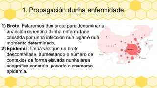 1. Propagación dunha enfermidade.
1) Brote: Falaremos dun brote para denominar a
aparición repentina dunha enfermidade
causada por unha infección nun lugar e nun
momento determinado.
2) Epidemia: Unha vez que un brote
descontrólase, aumentando o número de
contaxios de forma elevada nunha área
xeográfica concreta, pasaría a chamarse
epidemia.
 