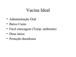 Vacina Ideal Administração Oral Baixo Custo Fácil estocagem (Temp. ambiente) Dose única Proteção duradoura 