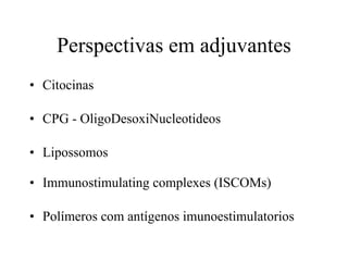 Perspectivas em adjuvantes Citocinas CPG - OligoDesoxiNucleotideos Lipossomos Immunostimulating complexes (ISCOMs) Polímeros com antígenos imunoestimulatorios  