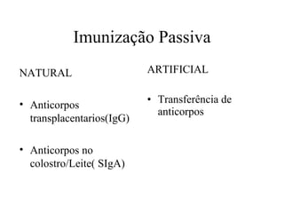 Imunização Passiva ARTIFICIAL Transferência de anticorpos NATURAL Anticorpos transplacentarios(IgG) Anticorpos no colostro/Leite( SIgA) 