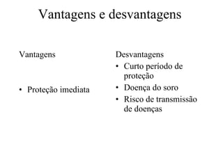 Vantagens e desvantagens  Vantagens Proteção imediata Desvantagens Curto período de proteção Doença do soro Risco de transmissão de doenças 