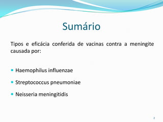 Sumário
Tipos e eficácia conferida de vacinas contra a meningite
causada por:


 Haemophilus influenzae

 Streptococcus pneumoniae

 Neisseria meningitidis



                                                       2
 