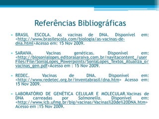 Referências Bibliográficas
• BRASIL ESCOLA. As vacinas de DNA. Disponível em:
<http://www.brasilescola.com/biologia/as-vacinas-de-
dna.html>Acesso em: 15 Nov 2009.
• SARAIVA. Vacinas genéticas. Disponível em:
<http://biosonialopes.editorasaraiva.com.br/navitacontent_/user
Files/File/SoniaLopes_Powerpoints/SoniaLopes_Textos_Atualiza_o/
vacinas_gen.pdf>Acesso em : 15 Nov 2009.
• REDEC. Vacinas de DNA. Disponível em:
<http://www.redetec.org.br/inventabrasil/dna.htm> Acesso em:
15 Nov 2009.
• LABORATÓRIO DE GENÉTICA CELULAR E MOLECULAR.Vacinas de
DNA carreadas por Salmonella. Disponível em:
<http://www.icb.ufmg.br/big/vacinas/Vacinas%20de%20DNA.htm>
Acesso em :15 Nov 2009.
 