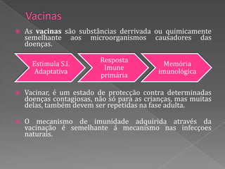    As vacinas são substâncias derrivada ou quimicamente
    semelhante aos microorganismos causadores das
    doenças.

                          Resposta
      Estimula S.I.                           Memória
                           Imune
       Adaptativa                           imunológica
                          primária

   Vacinar, é um estado de protecção contra determinadas
    doenças contagiosas, não só para as crianças, mas muitas
    delas, também devem ser repetidas na fase adulta.

   O mecanismo de imunidade adquirida através da
    vacinação é semelhante á mecanismo nas infecçoes
    naturais.
 